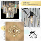 Black Crystal Chandeliers, 20” Modern Chandeliers for Dining Room 3 Tiers 7 Lights Luxury K9 Crystal Ceiling Pendant Round Light Fixture for Foyer Kitchen Bedroom Closet