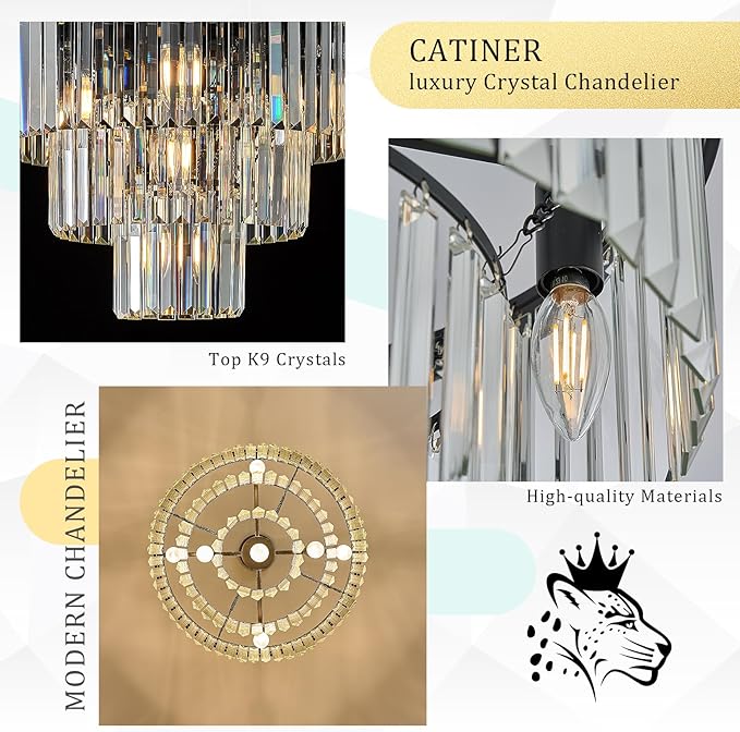 Black Crystal Chandeliers, 20” Modern Chandeliers for Dining Room 3 Tiers 7 Lights Luxury K9 Crystal Ceiling Pendant Round Light Fixture for Foyer Kitchen Bedroom Closet
