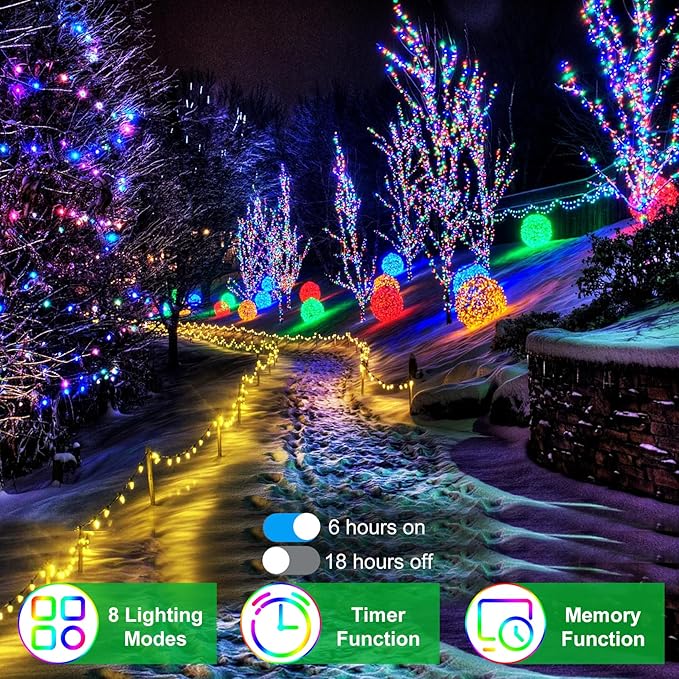 492FT Outdoor Christmas Lights, 1300 LED Super Long String Lights 8 Lighting Modes & Timer Memory, Outsite Waterproof Light Strings for Xmas Tree Garden Wedding Party Holiday Decorations Multicolor