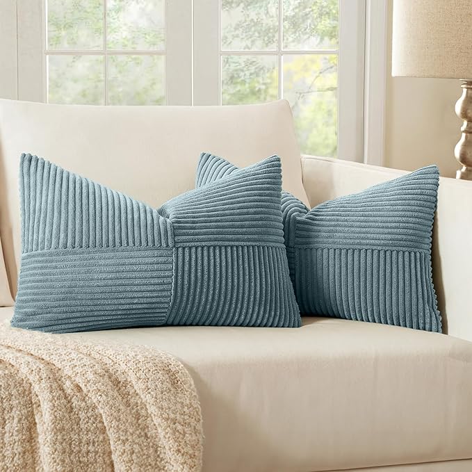 MIULEE Dusty Blue Corduroy Pillow Covers Pack of 2 Boho Decorative Spliced Throw Pillow Covers Soft Solid Couch Pillowcases Cross Patchwork Textured Cushion Covers for Living Room Bed Sofa 12x20 inch
