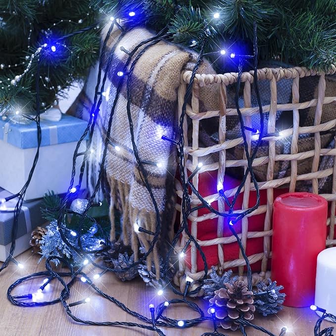 Christmas Lights Outdoor, 100FT 300 LED Christmas Tree Lights with 8 Modes Waterproof, Connectable Green Wire Twinkle Tree Lights for Indoor Patio Garden Party Decorations, Blue White
