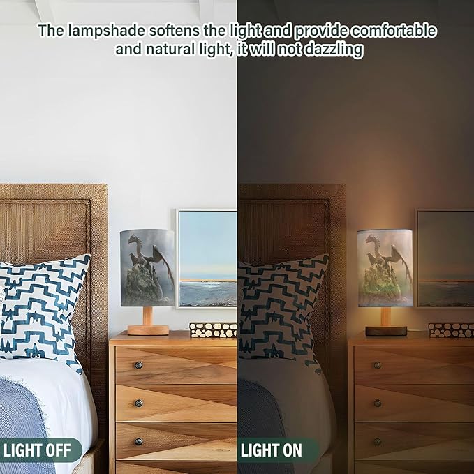 Table Lamp Dragon on Rock Nightstand Lamp with Wood Base Fabric Lamp Shade Bedside Desk Lamp for Living Room Bedroom Kids Room Office