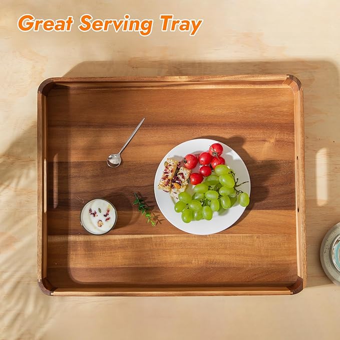 GinSent Wooden Serving Tray with Handles,Rustic Ottoman Tray for Kitchen Counter/Coffee Table/Living Room Decor,Versatile Tray for Party Picnic Barbecue