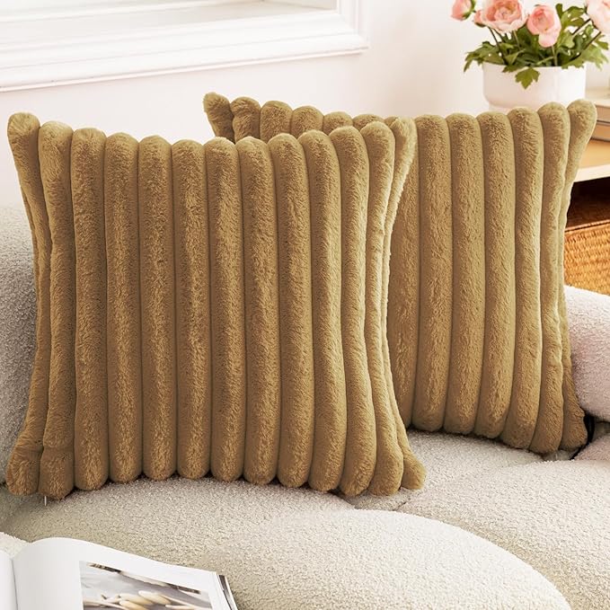 Double-Sided Faux Fur Plush Throw Pillow Covers 22x22 Set of 2 Fuzzy Striped Soft Cozy Pillowcase Luxury Decorative Pillows Square Fluffy Cushion Cover for Couch Bed Living Room,Camel