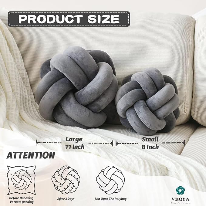 Knot Pillow Ball, Soft Home Decorative Throw Pillows Cushion, Round Changeability Knotted Pillows, Modern Home Handmade Cushions for Bedroom, Sofa, Couch (8 Inch, Dark Gray)