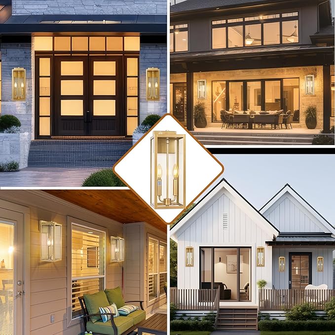 Gold 2-Light Large Outdoor Wall Lighting 16", Candle Light Square Outdoor Light Fixture IP65 Waterproof with Clear Tempered Glass Porch & Patio Light Brass Exterior Wall Sconce Lantern E12