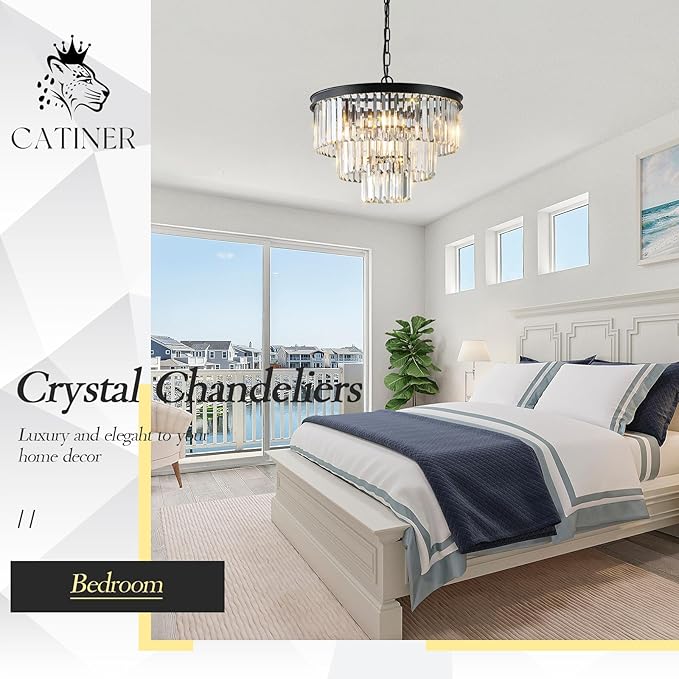 Black Crystal Chandeliers, 20” Modern Chandeliers for Dining Room 3 Tiers 7 Lights Luxury K9 Crystal Ceiling Pendant Round Light Fixture for Foyer Kitchen Bedroom Closet