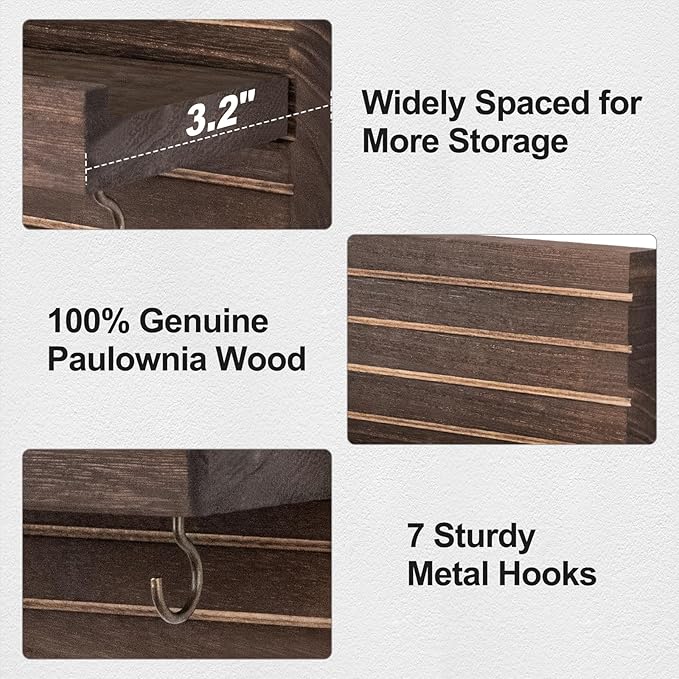 Key Holder Wall Mount, Entryway Mail Organizer with Shelf, Decorative Key Hanger with 7 Hooks Holds Leashes and Glasses, Includes Mounting Hardware (13.8” x 5.3” x 3.2”)
