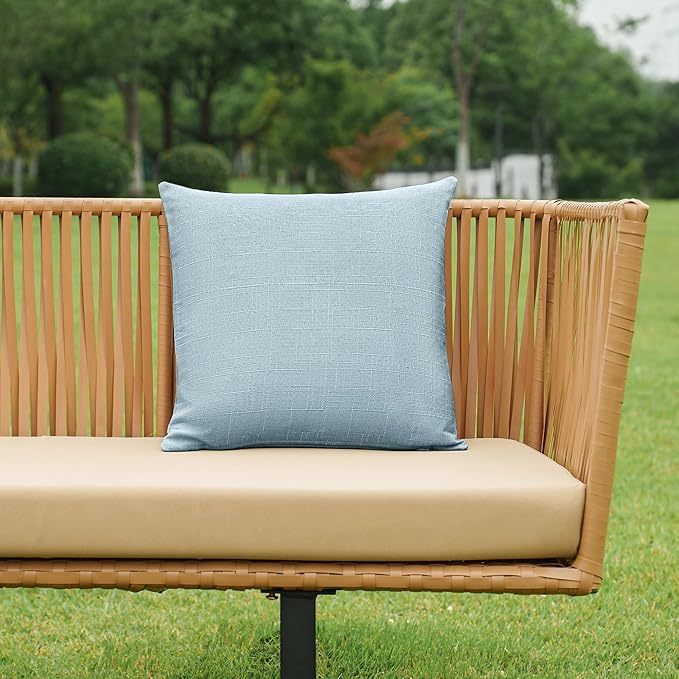 NiNi ALL Pack of 2 Decorative Outdoor Waterproof Pillow Covers Square Garden Linen Textured Cushion Sham Throw Pillowcase Set of 2 for Patio Farmhouse Garden Tent Couch 22x22 Inch Light Blue