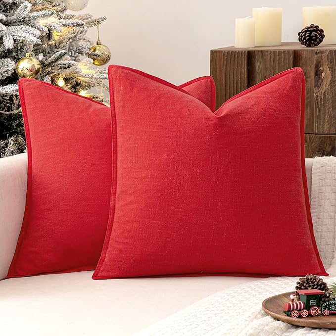 MIULEE Decorative Linen Euro Sham Pillow Covers 26x26 Red Boho Farmhouse Neutral Couch Throw Pillows for Bed Pack of 2 Accent Modern Pillowcase Sofa Livingroom Home Decor