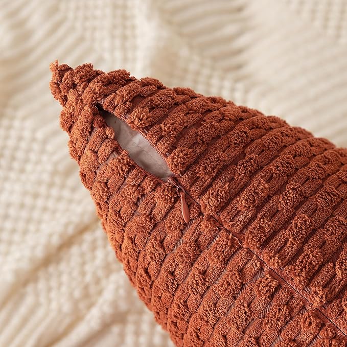 Kevin Textile Fall Pack of 2 Corduroy Decorative Throw Pillow Covers 22x22 Inch Soft Boho Striped Pillow Covers Modern Farmhouse Home Decor for Sofa Living Room Couch Bed Rust