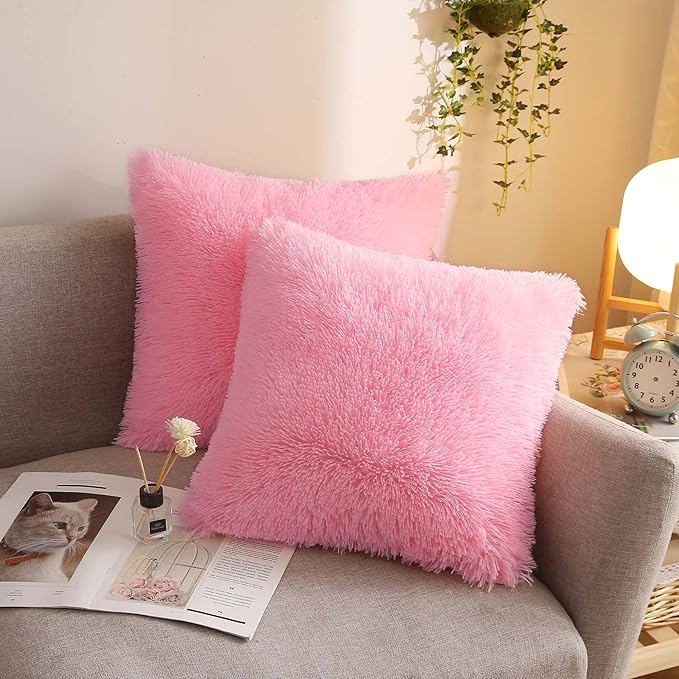 XeGe Cozy Faux Fur Throw Pillow Covers, Zippered Fluffy Cushion Covers, Shaggy Fuzzy Decorative Pillow Covers, Plush Furry Pillowcases Pack of 2 for Sofa Couch Home Decor (18''x18'', Light Pink)