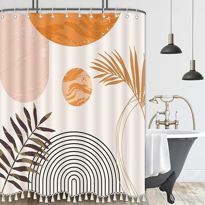 Boho Mid Century Leaf Shower Curtain Set,Arch Sun Design,Minimalistic Leaves Pattern,Waterproof and Luxurious Fabric-12 Hooks(Orange-72" x 78")