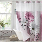 Muuyi Pink Watercolor Floral Shower Curtain,No Hook Shower Curtain,Polyester Shower Curtains with Snap in Fabric,Sheer Top Window for Bathroom Decor,Waterproof & Washable,72W x 75L Inch
