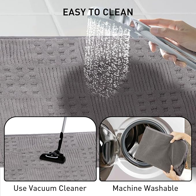 Bath Mats 24x17 Non-Slip Absorbent Bathroom Rug, Quick Dry Machine Washable Shower Tub Mat with Rubber Backing, Soft Floor Carpet for Bathroom Decor Waffle Grey