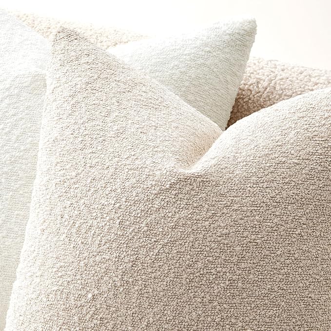 ANRODUO Pack of 2 Textured Boucle Throw Pillow Covers Soft Beige Euro Decorative Accent Solid Pillow Cases Cozy Modern Couch Cushion Case for Chair Sofa Bedroom Living Room Home Decor, 24 x 24 Inch