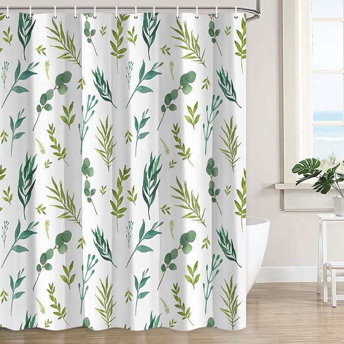 Green Leaves Shower Curtain, Watercolor Plant Floral Eucalyptus Leaf Bathroom Shower Curtain Sets, Botanical Decor Rustic Nature Art Boho Fabric Bath Curtain with Hooks 72x72 Inch