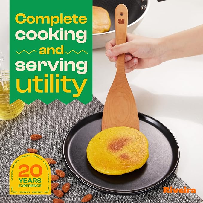Riveira Cherry Wooden Cooking Utensils Set of 9 Premium Quality, Non-Toxic, Heat-Resistant Wooden Spoons and Spatulas for All Cookware