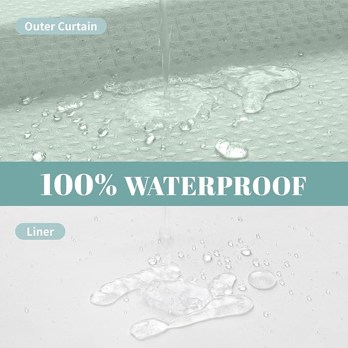 MintGreen No Hook Waffle Weave Shower Curtain with snap-in Liner Replacement, 230GSM Waterproof Fabric Hotel Shower Curtain Set for Bathroom, Through Mesh Top Window,71Wx77H