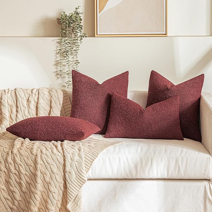 MIULEE Textured Boucle Throw Pillow Cover Christmas Burgundy Red Accent Solid Eruo Sham Pillow Case Decorative Soft Pack of 1 Couch Cushion Chair Sofa Bedroom Livingroom Home Decor,24x24 Inch