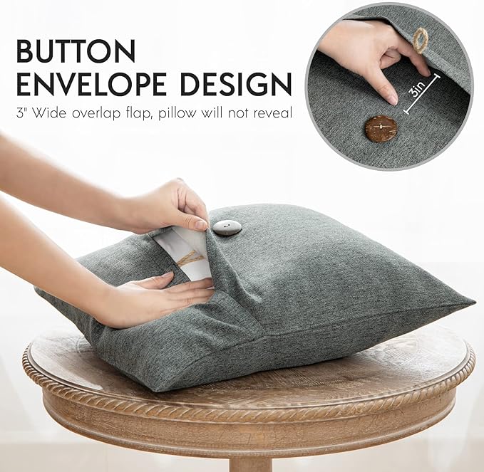 Phantoscope Pack of 2 Farmhouse Throw Pillow Covers Button Vintage Linen Decorative Pillow Cases for Couch Bed and Chair Gray 20 x 20 inches 50 x 50 cm