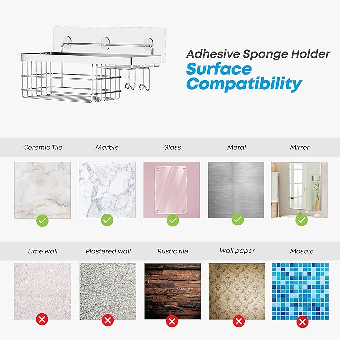 KESOL Shower Caddy and Soap Dish with Hooks Shower Shelf Organizer, No Drilling Adhesive Wall Mounted Bathroom Shelf, Rustproof SUS304 Stainless Steel (2 Pack), Silver