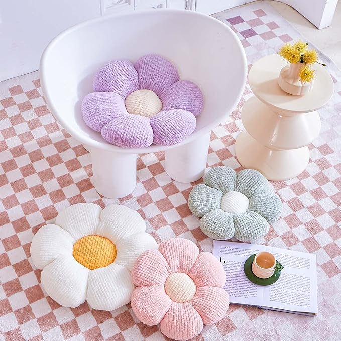 Dusty Pink Flower Decorative Throw Pillows, Cute Daisy Shaped Plush Aesthetic Pillow, Soft 14.9" Floor Seat Cushion
