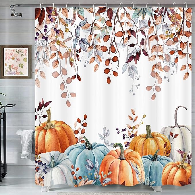 Fall Shower Curtains for Bathroom, Thanksgiving Pumpkins Autumn Leaves Shower Curtain Set with Hooks, Blue Orange Waterproof Fabric Fall Bathroom Decor Accessories, 72 x 72 Inch
