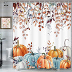 Fall Shower Curtains for Bathroom, Thanksgiving Pumpkins Autumn Eucalyptus Leaves Shower Curtain Set with Hooks, Blue Orange Waterproof Fabric Fall Bathroom Decor Accessories, 60 x 72 Inch