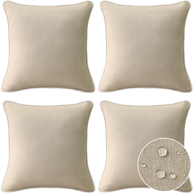 Decorative Outdoor Water Repellent Throw Pillows with Inserts, Set of 4, 20" x20" Pillows for Patio, Backyard, Bed, Couch, and Patio Furniture, Tan