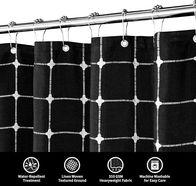 MitoVilla Boho Small Stall Shower Curtain 36 x 72, Narrow Polyester Linen Fabric Shower Curtains for Farmhouse Bathroom Decor, Half Size Cloth Shower Curtain Set with Hooks, Black