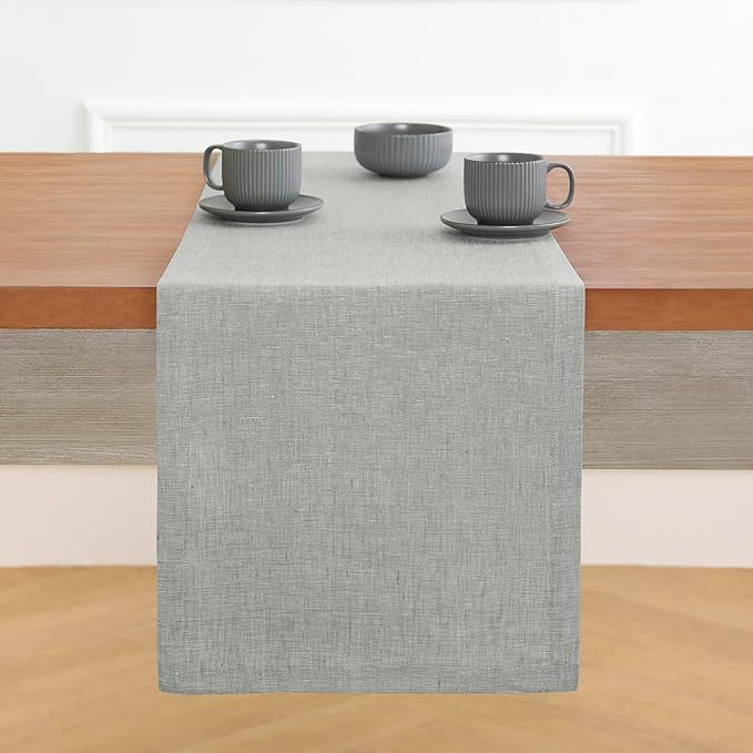 Solino Home Linen Table Runner 120 Inches Long - Athena, 100% Pure Linen Chambray Grey Table Runner 14 x 120 Inch for Dining, Fall, Autumn, Halloween, Thanksgiving