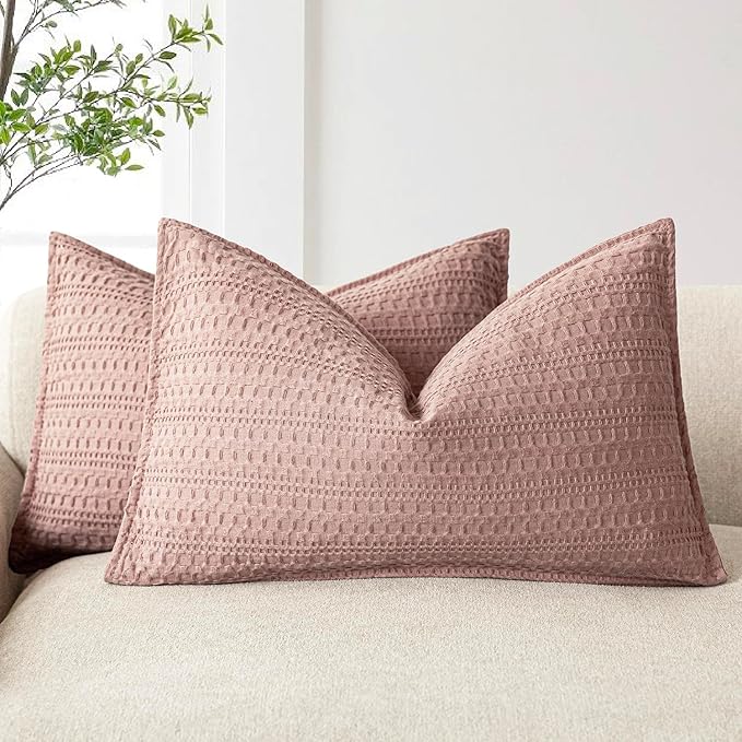 Foindtower Set of 2 Decorative Cotton Waffle Weave Lumbar Throw Pillow Covers Euro Shams Cushion Covers Accent European Pillowcase for Bed Couch Bedroom Living Room Home Decor 12×20 Inch Dusty Pink