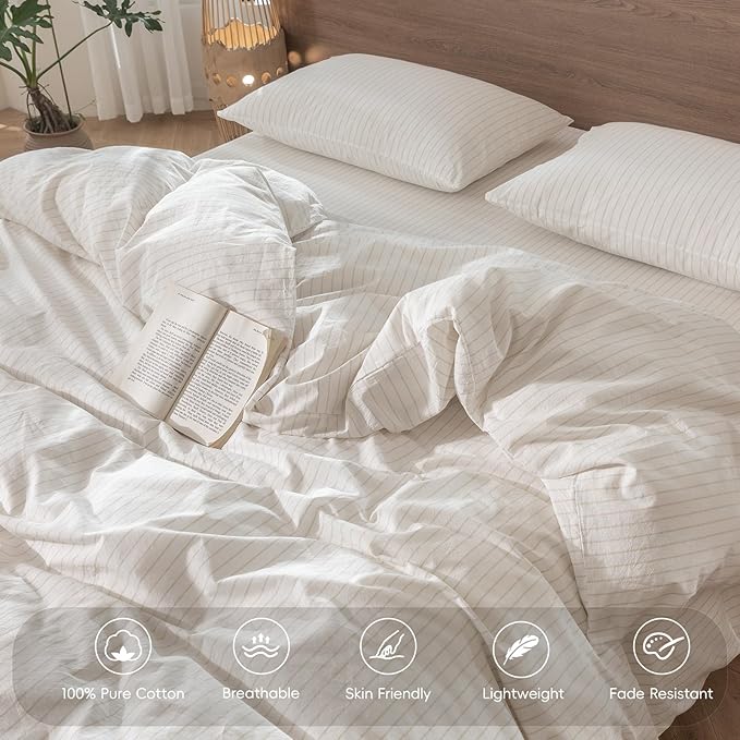 MooMee Striped Duvet Cover Set 100% Washed Cotton Linen Like Textured Breathable Durable Soft Comfy (White Almond Milk Grey Wide Stripes, Alaska King 132"x120")