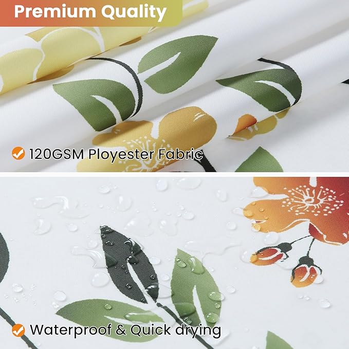 Fabric Floral Shower Curtain, Yellow Orange Green Flower Shower Curtains for Bathroom, Waterproof Bathroom Curtains, 72" W x 72" H