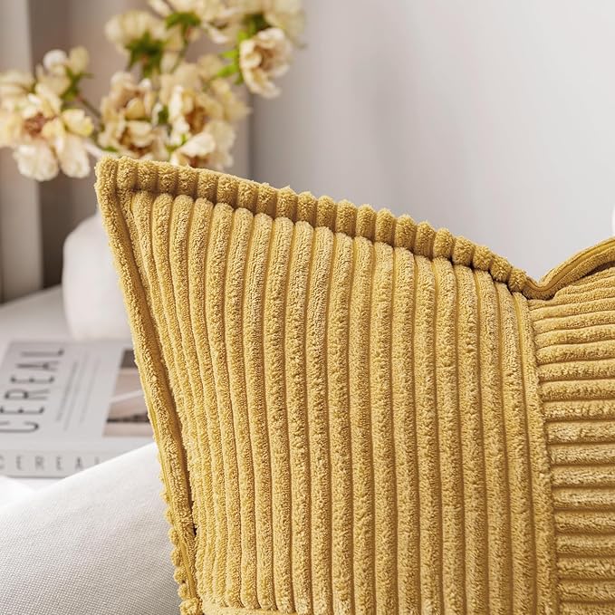MIULEE Decorative Lumbar Throw Pillow Covers for Couch Bed Livingroom 12x20 Inch Set of 2 Gold Boho Accent Throw Pllows Broadside Striped Patchwork Soft Corduroy Summer Pillowcases