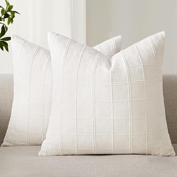 Woaboy Linen Check Throw Pillow Covers Set of 2 - Cream White Farmhouse Modern Boho Vintage Christmas Decorative Cushion Covers for Sofa Couch Bedroom Living Room Decor 18x18 Inch