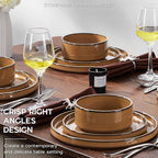 Onader Stoneware Dinnerware Sets for 4, Plates and Bowls with Unglazed Terracotta Bottom, Elegant Kitchen Ceramic Dish Dishware Set, Reactive Glaze 12 Piece - Earthy Umber