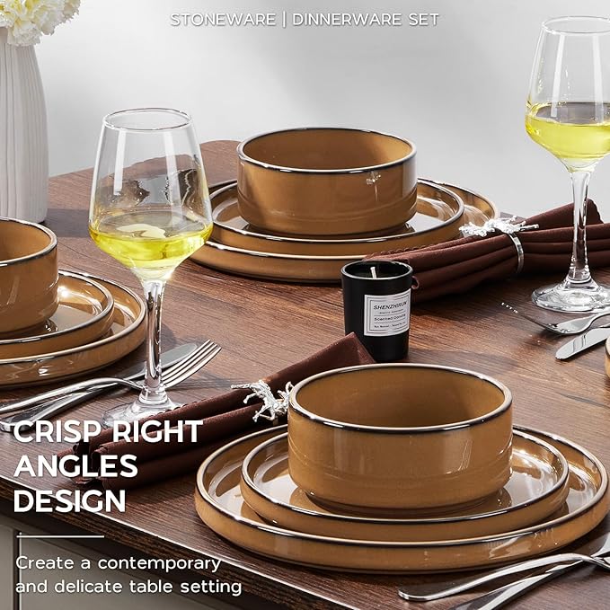 Onader Stoneware Dinnerware Sets for 4, Plates and Bowls with Unglazed Terracotta Bottom, Elegant Kitchen Ceramic Dish Dishware Set, Reactive Glaze 12 Piece - Earthy Umber