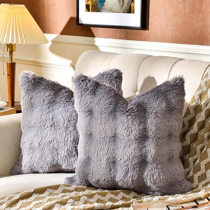 AmHoo Pack of 2 Throw Pillow Covers 3D Dense Faux Rabbit Fur Cozy Super Soft Fuzzy Set Case Cushion for Couch Sofa Bedroom 20 x 20-Inch Grey
