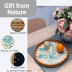 11.8 inch Round Rattan Serving Tray with Mother of Pearl Inlay Wicker Platter Coffee Tray for Coffee Table Decor Coastal Boho Kitchen Storage Display Decorative Basket Food Tray Handmade Wall Decor