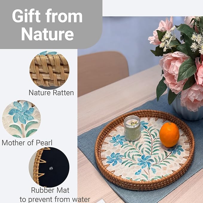 11.8 inch Round Rattan Serving Tray with Mother of Pearl Inlay Wicker Platter Coffee Tray for Coffee Table Decor Coastal Boho Kitchen Storage Display Decorative Basket Food Tray Handmade Wall Decor
