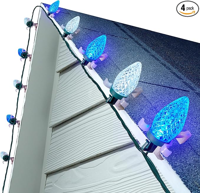 C9 LED Christmas Lights Outdoor, 68 Ft 100 LED String with clips, Waterproof Christmas Tree Lights for Outside Roofline, Garden Decor, Blue & White