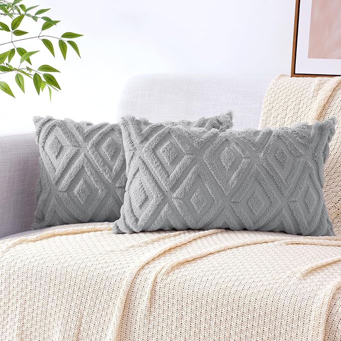 Pallene Grey Throw Pillow Covers 12x20 Set of 2, Soft Plush Faux Fur Decorative Lumbar Couch Pillow Covers for Sofa Bed Living Room Pillow Cases with 3D Diamond Pattern