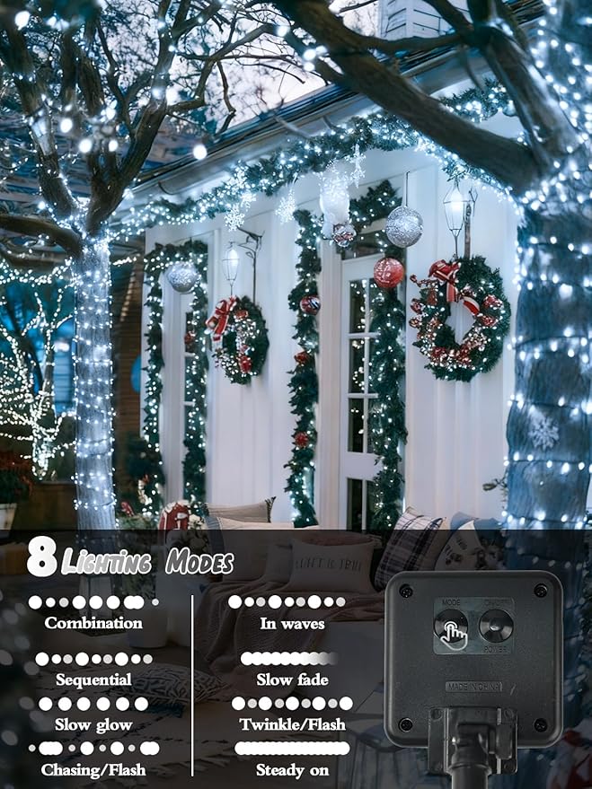 6 Pack Christmas Solar String Lights Outdoor Waterproof, 198FT 600 LED Green Wire Solar Fairy Lights with 8 Modes, Solar Twinkle Lights for Garden Tree Patio Fence Christmas Decorations (Cool White)