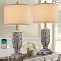 Set of 2 Farmhouse Table Lamps for Living Room, Rustic Vintage Bedside Nightstand Lamp with USB A+C, 28.5" Tall Bronze Leafwork Resin Lamps for Bedroom End Table, Rotary Switch