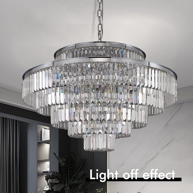 Modern Chrome Crystal Chandeliers Lighting 31'' & Lights Round Hanging Classic, Pendant Ceiling Chandelier Lighting Fixture 6-Tier for Dining Room Living Room(Chrome,31 inch)