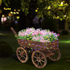 Wood Wagon Planter with Light for Outdoor Balcony Decor - Garden Rustic Wooden Flower Cart with Wheels for Outside Garden Decor Wheelbarrow Planter for Patio Christmas Decoration Gift Car
