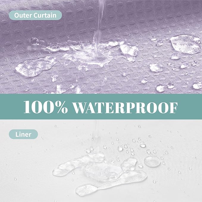 Lavender No Hook Waffle Weave Shower Curtain with snap-in Liner Replacement, 230GSM Waterproof Fabric Hotel Shower Curtain Set for Bathroom, Through Mesh Top Window,54Wx80H