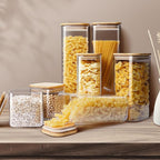 Square Glass Jars with Bamboo Lids [Muti Size Set of 5], Glass Canisters with Airtight Lids, Glass Food Storage Containers for Pasta, Cereal, Flour, Sugar, Best for Kitchen & Pantry